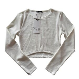 Zara White Textured Long Sleeve Crop Top Curved Hem 5584/932 Large